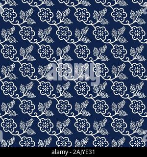 Sur bois transparent imprimé indigo motif floral. Ornement en pointillés ethniques traditionnels de la Russie avec les fleurs et les raisins, écru sur le bleu marine Illustration de Vecteur