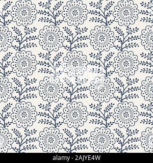 Sur bois transparent imprimé indigo motif floral. Ornement en pointillés ethniques traditionnels de la Russie, bleu marine sur fond écru. Le design textile. Illustration de Vecteur