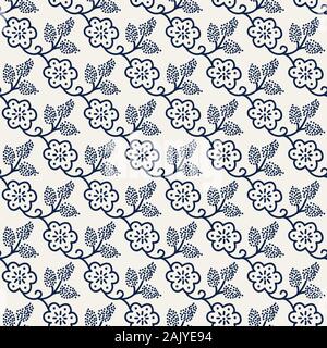 Sur bois transparent imprimé indigo motif floral. Ornement en pointillés ethniques traditionnels de la Russie avec les fleurs et les raisins, le bleu marine sur l'écru Illustration de Vecteur