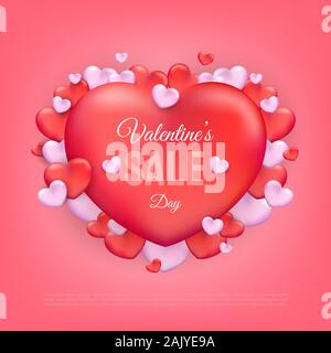 Valentines Day vente texte avec fond rouge et coeurs roses pour le site web bannières, dépliants, invitations, affiches, brochure, ou matériel promotionnel. Illustration de Vecteur