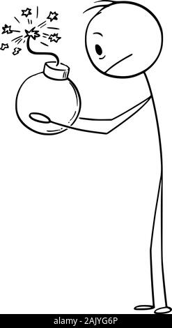 Vector cartoon stick figure dessin illustration conceptuelle de peur, surpris et frustré man holding activé bombe. Concept de surprise inattendue. Illustration de Vecteur