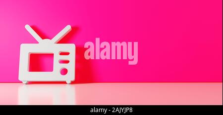 Le rendu 3D de symbole blanc de l'ancien téléviseur s'appuyant sur l'icône de couleur sur mur avec marbre réflexion floue avec l'espace vide sur le côté droit Banque D'Images