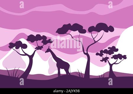 Paysage de savane africaine, girafe mange des feuilles d'acacia Illustration de Vecteur