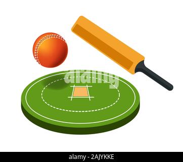 Terrain de jeu de cricket et articles de sport, batte et ballon Illustration de Vecteur