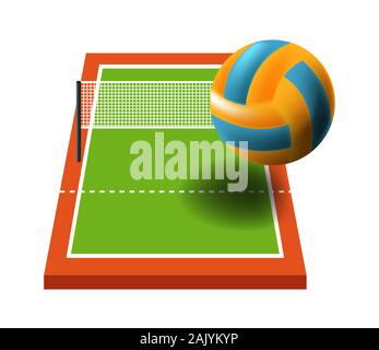 Terrain de sport, articles de volley-ball, balle et filet sur l'herbe Illustration de Vecteur