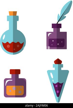 Les bouteilles de potion vector icons de sorcière élixir magique ou alchimiste poison. Sorcier maléfique en pots de verre et magicien flacons. Boissons de l'alchimie ou la chimie Illustration de Vecteur