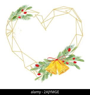 Cadre en forme de coeur illustration aquarelle dessiné à la main. L'élément de décoration de Noël. Golden border avec ilex, houx, gui et cloches avec ribb rouge Banque D'Images