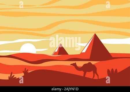 Pyramides égyptiennes et chameau dans le désert, paysage africain au coucher du soleil Illustration de Vecteur