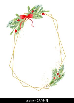 Cadre de noël géométriques dessinés à la main, l'illustration à l'aquarelle. Frontière avec multangular de fête décoration botanique éléments. X-mas composition avec il Banque D'Images