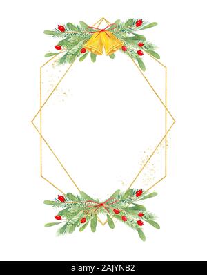 Géométrique hexagonale double cadre de Noël avec des décorations de jardin botanique. Fête d'or x-mas frontière avec ilex, fruits rouges, l'épinette de brindilles et de cloches part Banque D'Images