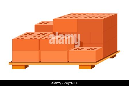 Briques empilées sur un support en bois, matériaux de construction isolés icône Illustration de Vecteur