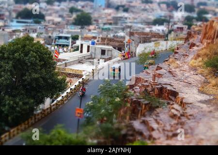 Tilt Shift lens - Jodhpur ( aussi ville bleue) est la deuxième plus grande ville de l'état indien du Rajasthan et officiellement la deuxième agglomération de la ville de Banque D'Images