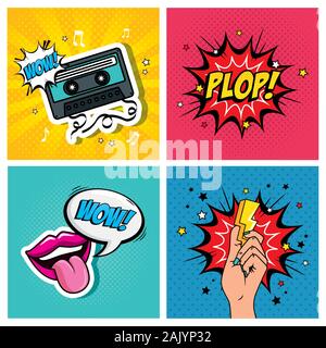 Définir les expressions et les icônes pop art style Illustration de Vecteur