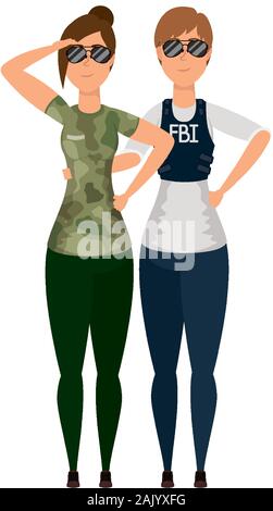 Les jeunes femmes agent fbi avec caractères militaires Illustration de Vecteur