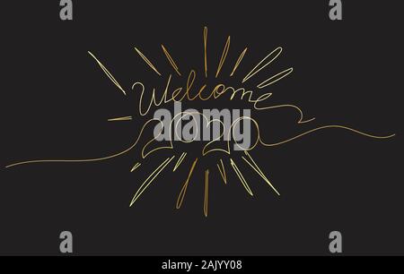 Bienvenue d'or 2020 seule ligne art. Nouvelle Année carte de souhaits titre décoration. Un croquis silhouette vector illustration Illustration de Vecteur