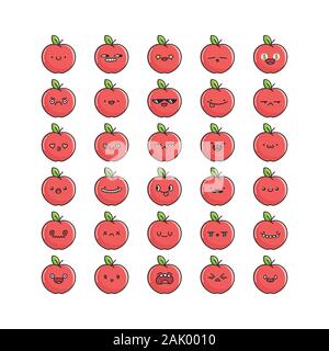 Collection de dessins animés émoticônes apple kawaii isolated on white Illustration de Vecteur