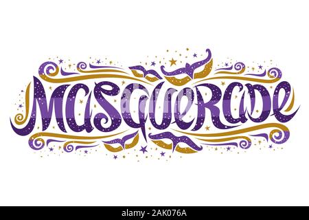 Logo Vector pour mascarade, bannière horizontale de police calligraphique, la conception s'épanouit et amusant de carnaval, avec des panneaux décoratifs sw brosse Illustration de Vecteur