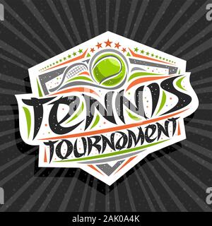 Logo Vector pour Tennis Tournament, signalisation moderne avec hitting ball dans l'objectif d'origine, caractère brosse pour le tournoi de tennis de mots, à la mode Bouclier sport Illustration de Vecteur