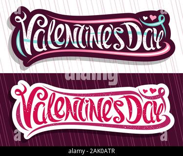 Vector logos pour la Saint-Valentin, couper le papier autocollants décoratifs avec curly, police calligraphique s'épanouit la conception et dessin animé coeurs valentines, brush t Illustration de Vecteur