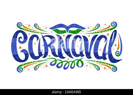 Logo Vector pour carnaval, étiquette horizontale de police calligraphique, la conception s'épanouit, masque de carnaval et de banderoles, panneaux décoratifs avec brosse Illustration de Vecteur