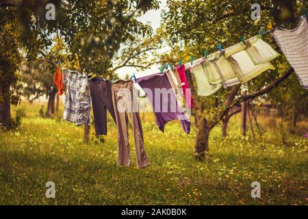 linge suspendu - vêtements de couleur suspendus sur une corde à linge, entre pommiers dans le jardin rural Banque D'Images