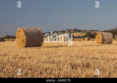 Balles de paille sur un champ de chaume, en arrière-plan un village avec une église sur une colline, ciel bleu, paysage en lumière dorée Banque D'Images