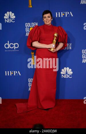 Olivia Colman pose dans la salle de presse avec le prix pour la meilleure performance par une actrice dans une série télévisée - Drame pour "la Couronne" au cours de la 77e assemblée annuelle Golden Globe Awards au Beverly Hilton Hotel le Janvier 05, 2020 à Beverly Hills, Californie. (Photo de Jose Quintanilla / Sipa USA) Banque D'Images