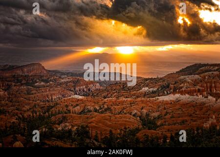 Les premiers rayons du soleil a frappé la cheminées au Bryce Canyon, Utah Banque D'Images