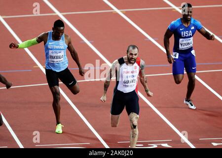 Isaac Makwala (Botswanais) ,Ramil Guliyev (Turquie) et Isiah Young (USA) pendant la dernière 200m Men's es Championnats du monde d'athlétisme le 6 août 201e au Stade olympique à Londres, Grande-Bretagne Photo Laurent Lairys / DPPI Banque D'Images