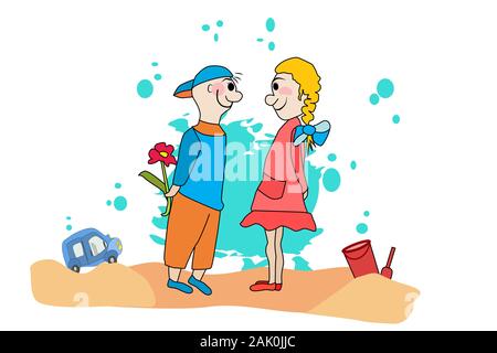 Le jour de la Saint-Valentin. Garçon Fille félicite. Cartoon couple in love isolé sur fond blanc. Petit garçon fleur donnant à la fille. Vecteur en style plat Illustration de Vecteur