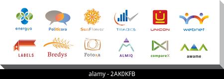 Ensemble de Douze dessins de logos et icônes - plusieurs couleurs et d'éléments Illustration de Vecteur