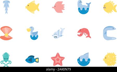Design icon set vie mer océan l'eau sous-marines de la faune de l'écosystème marin de la nature thème tropical Vector illustration Illustration de Vecteur