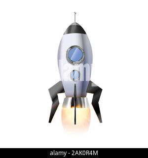 Cute cartoon fusée avec enluminures et de feu lumineux chaud buse, vaisseau volant on white Illustration de Vecteur