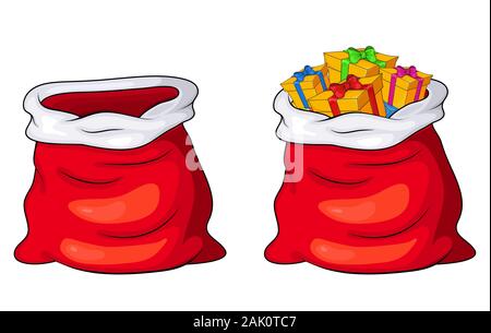 Père Noël sac, un vide et plein de cadeaux et présente isolé sur fond blanc. Vector Christmas Design. Illustration de Vecteur