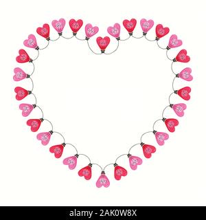 De couleur rose vif de la Saint-Valentin Coeur String rouges sur fond blanc Heart-Shaped cadre. Mignon carré Fête Copie Espace Banner Illustration de Vecteur