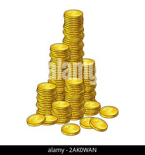 Coins montagne cartoon style. Icône isolé. Sur fond blanc. pile pile,de l'or de l'argent. Les grandes espèces colonne,tower. Illustration de Vecteur