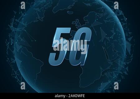 5G Réseau. Site Planète Terre avec particules géométriques. Triangles volants. La technologie moderne design. Vector Illustration. EPS 10 Illustration de Vecteur