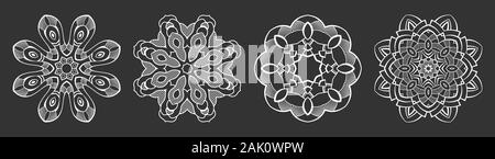 Ensemble de quatre ornements circulaires abstraites. Des motifs décoratifs isolé sur fond noir. Motifs ethniques tribales. Mandala, motif oriental ethnique. Illustration de Vecteur