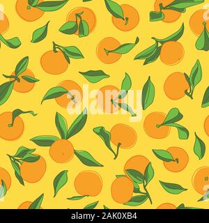 La mandarine dessin vectoriel coloré motif transparent sur fond jaune. Papier peint Design Mandarin Illustration de Vecteur