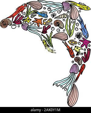 Jeu de la main avec la vie marine doodle en forme de dauphin. Ensemble Marin dessiné à la main. Croquis de voyage. Vector isolated silhouette. Les animaux sous-marins. Illustration de Vecteur