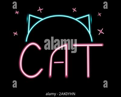 L'inscription chat est neon. Inscription illuminée pour chat bannière et t-shirt. Illustration de Vecteur