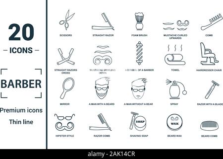 Salon de Coiffure jeu d'icônes. Éléments de création : ciseaux, pinceau mousse, rasoirs droits cross, sèche-serviettes, miroir d'icônes. Peut être utilisé pour rapport, présentation Illustration de Vecteur