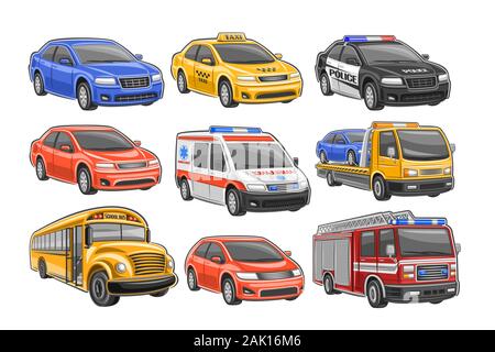 Vector set de voitures, 9 illustration de découper les véhicules de la ville sur fond blanc, taxi, voiture de police, ambulance van avec feux bleus, remorquage municipal t Illustration de Vecteur