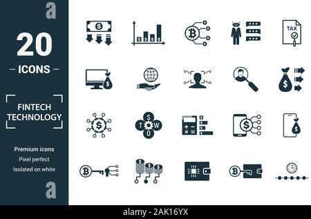 La technologie Fintech icon set. Inclure des éléments créatifs, revenu de base, la technologie bitcoin kyc, prêt en ligne, modèle d'icônes. Peut être utilisé pour Illustration de Vecteur