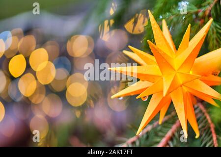 Jouet de Noël sous la forme d'une étoile jaune sur une branche d'un arbre de Noël avec un arrière-plan flou et flou. Close up. Banque D'Images