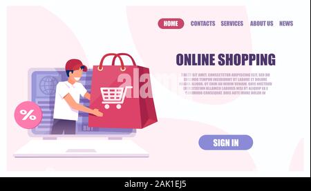 Vecteur d'un achat en ligne landing page site web avec delivery man Illustration de Vecteur