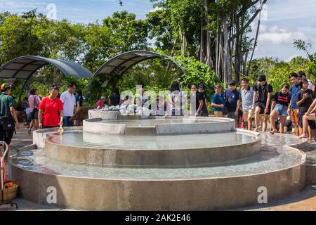 Le public profitant de la piscine en cascade où l'eau refroidit progressivement à mesure qu'elle s'écoule vers le bas quatre piscines à plusieurs niveaux, Sembawang Hot Spring Park, Singapore Banque D'Images