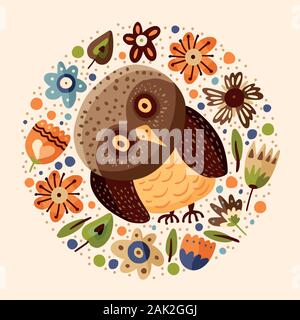 Vector cartoon Cute owl carte ronde dans un style. Oiseau de Nuit Sauvage carte postale avec éléments de botanique fleurs et de fleurs. Illustration de Vecteur