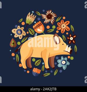Télévision forestiers sanglier animal vecteur illustration ronde. Cute cartoon caractère de porcs avec des éléments de botanique fleurs. Illustration de Vecteur