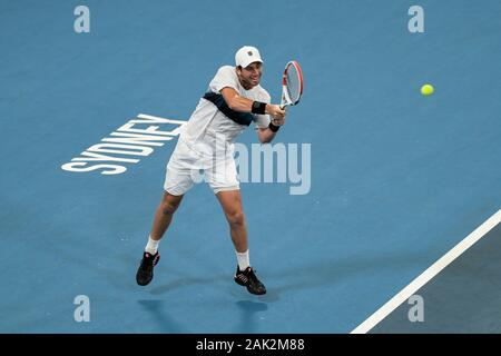 Sydney, Australie. 7 janvier 2020 ; Centre de tennis du Parc olympique de Sydney, Sydney, New South Wales, Australie, Sydney, Australie Coupe ATP, jour 5 ; Grande-Bretagne contre Moldova ; Cameron revenir à Alexander Cozbinov de Moldova - usage éditorial : Action Crédit Plus Sport Images/Alamy Live News Banque D'Images